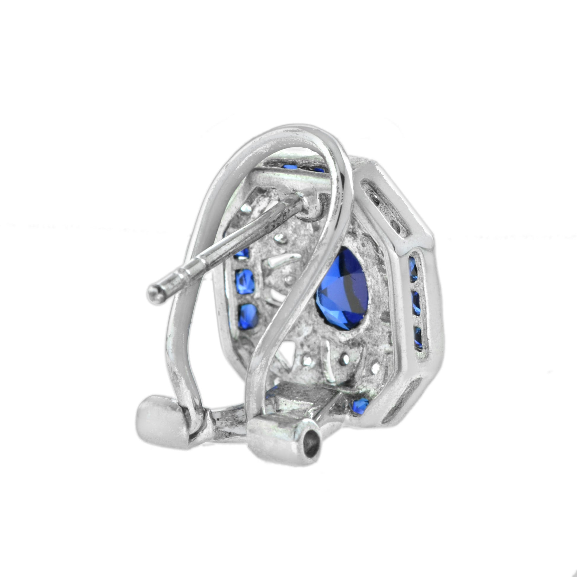Blue Sapphire & Diamond Art Deco Style Ring Earrings White Gold Jewelry Set