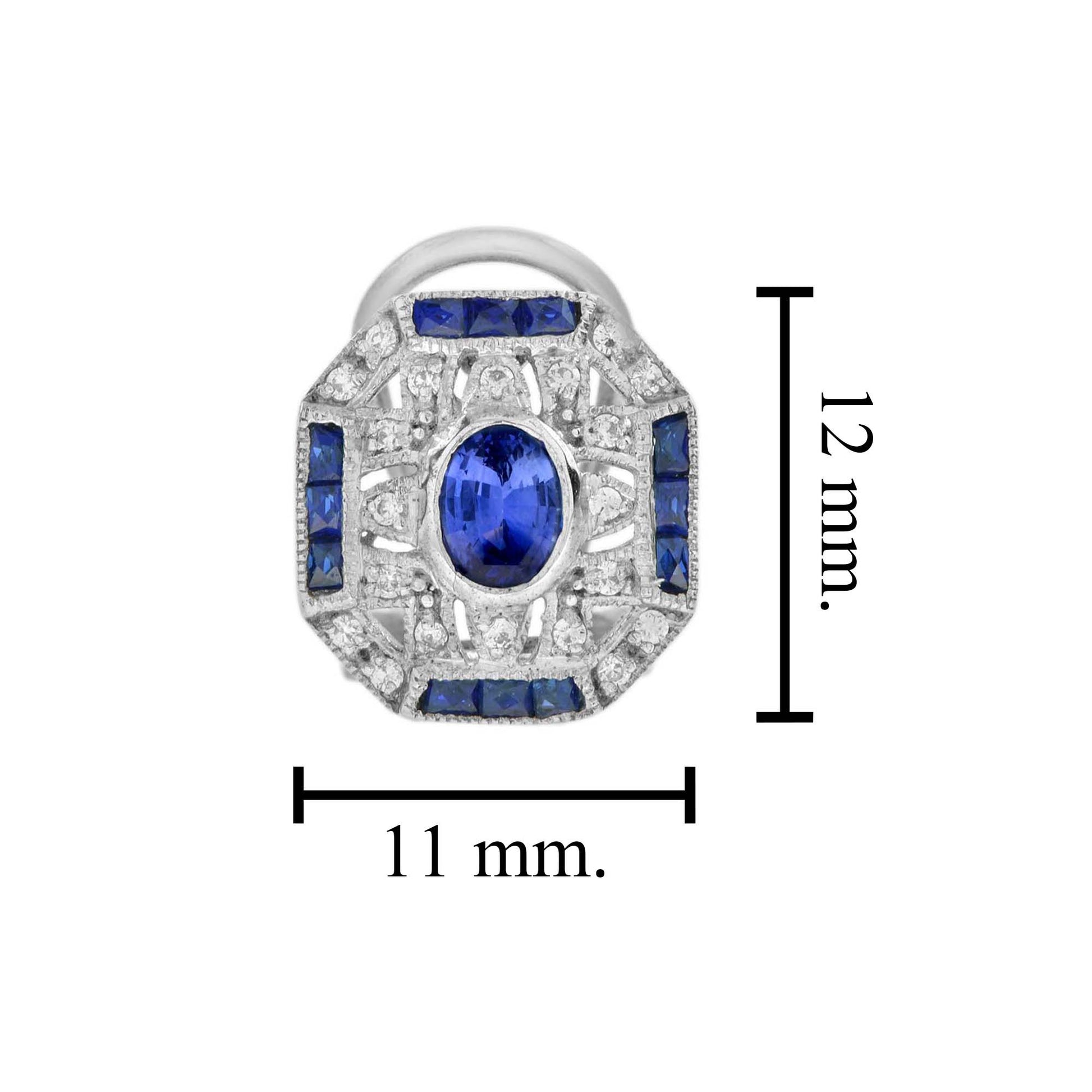 Blue Sapphire & Diamond Art Deco Style Ring Earrings White Gold Jewelry Set