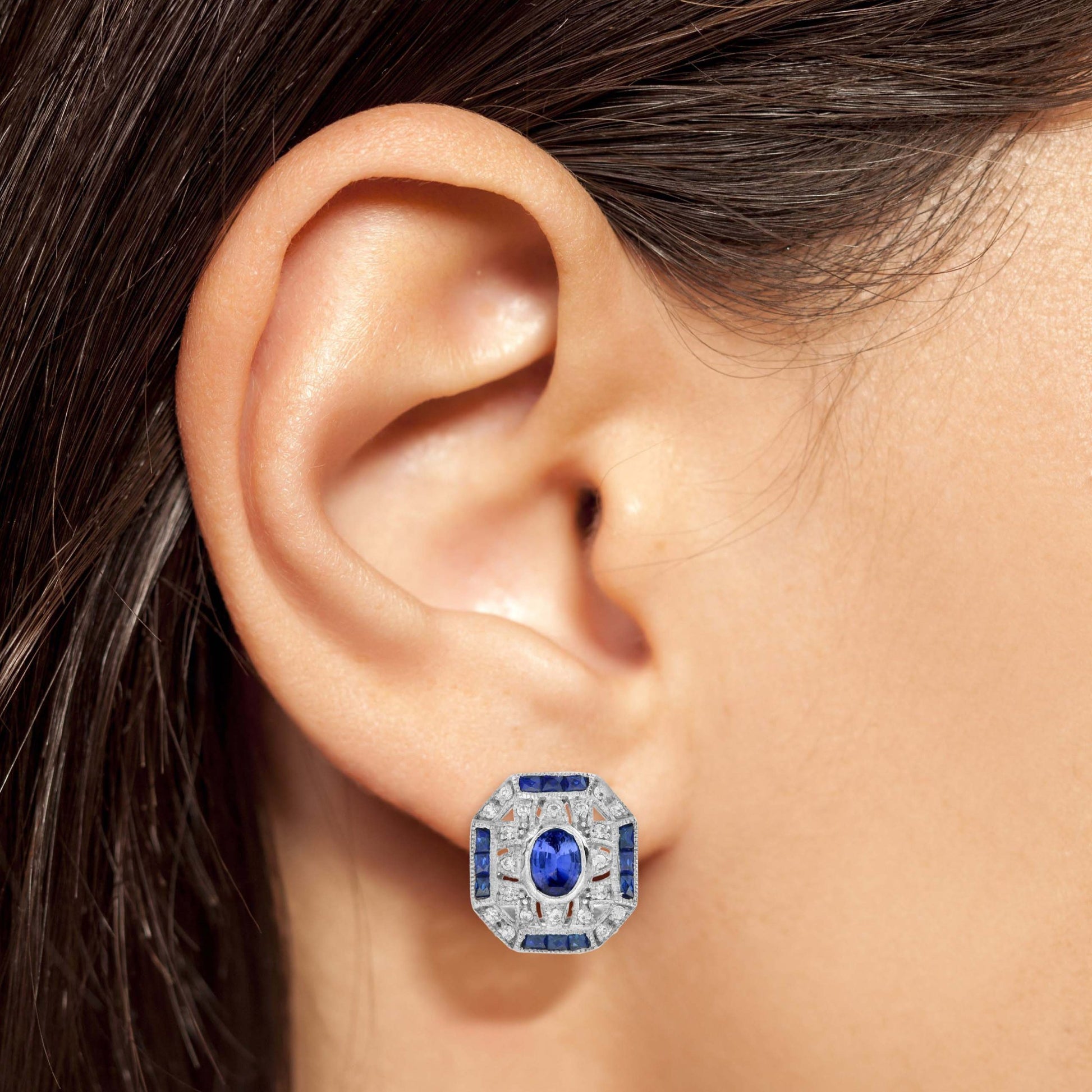 Blue Sapphire & Diamond Art Deco Style Ring Earrings White Gold Jewelry Set