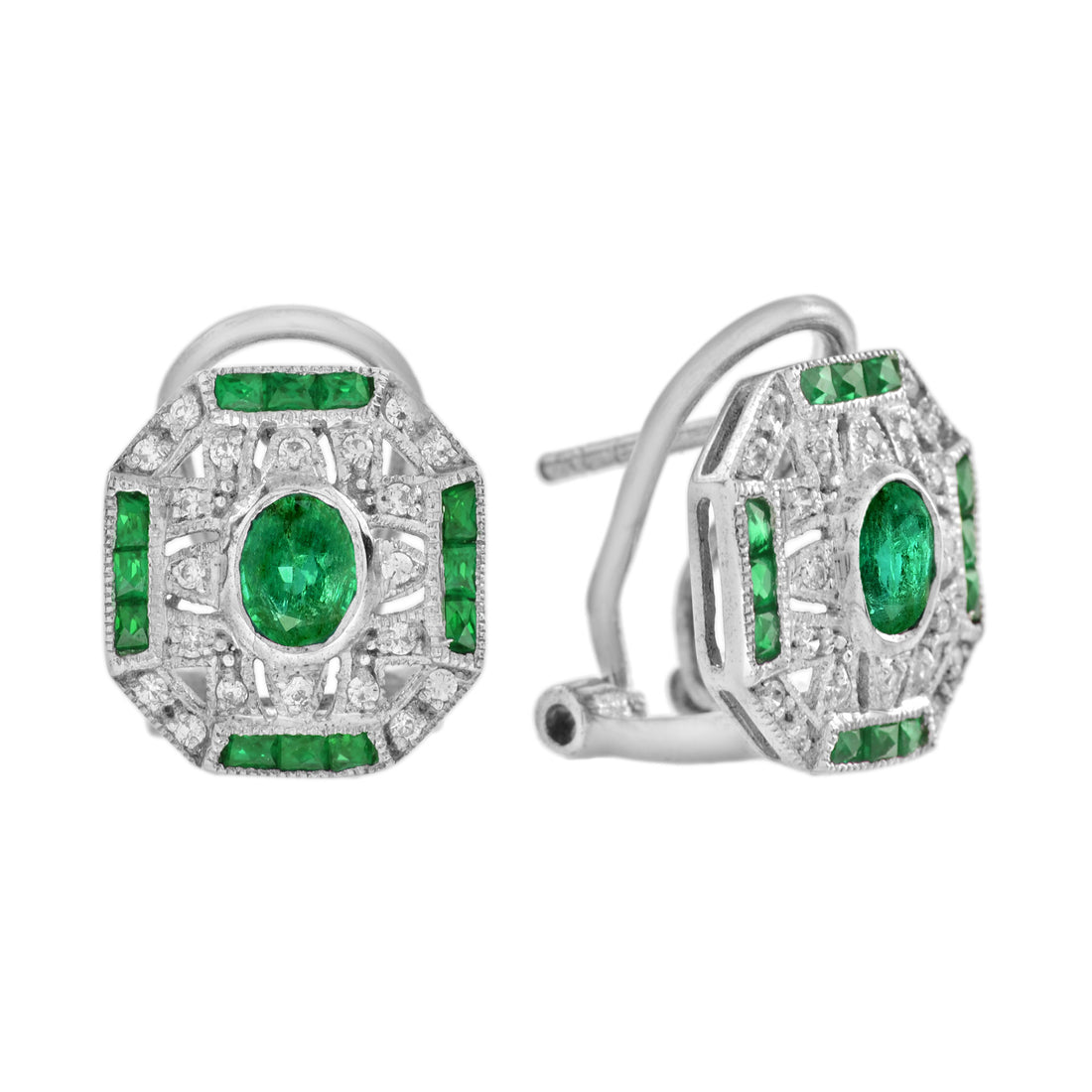 Green Emerald & Diamond Edwardian Style Omega 14K White Gold Earrings