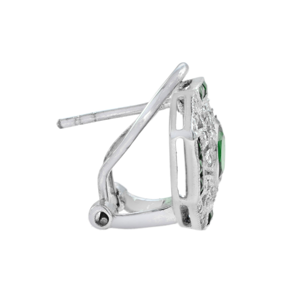 Green Emerald & Diamond Edwardian Style Omega 14K White Gold Earrings