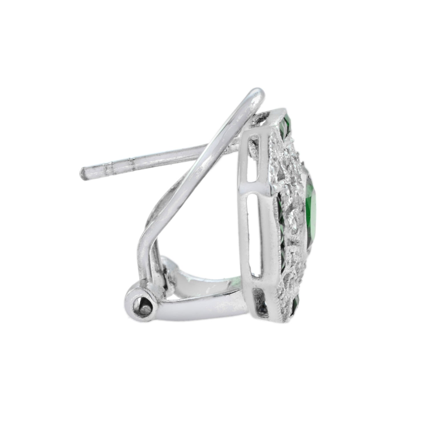 Green Emerald &amp; Diamond Edwardian Style Omega 14K White Gold Earrings