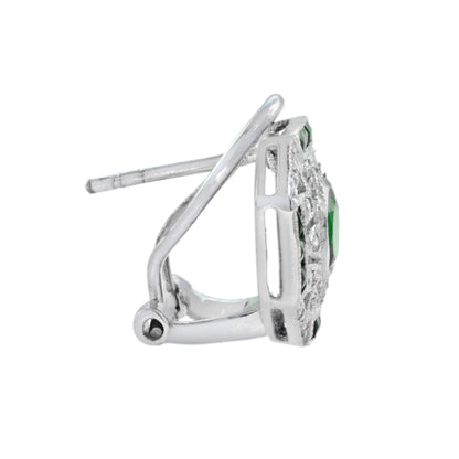 Green Emerald &amp; Diamond Edwardian Style Omega 14K White Gold Earrings