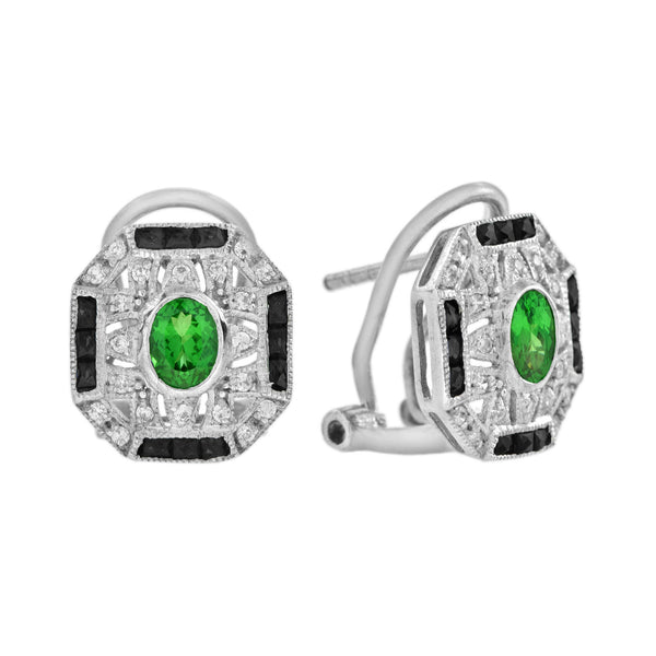 0.70 Ctw Art Deco Style Tsavorite, Onyx & Diamond 14K White Gold Omega Earrings