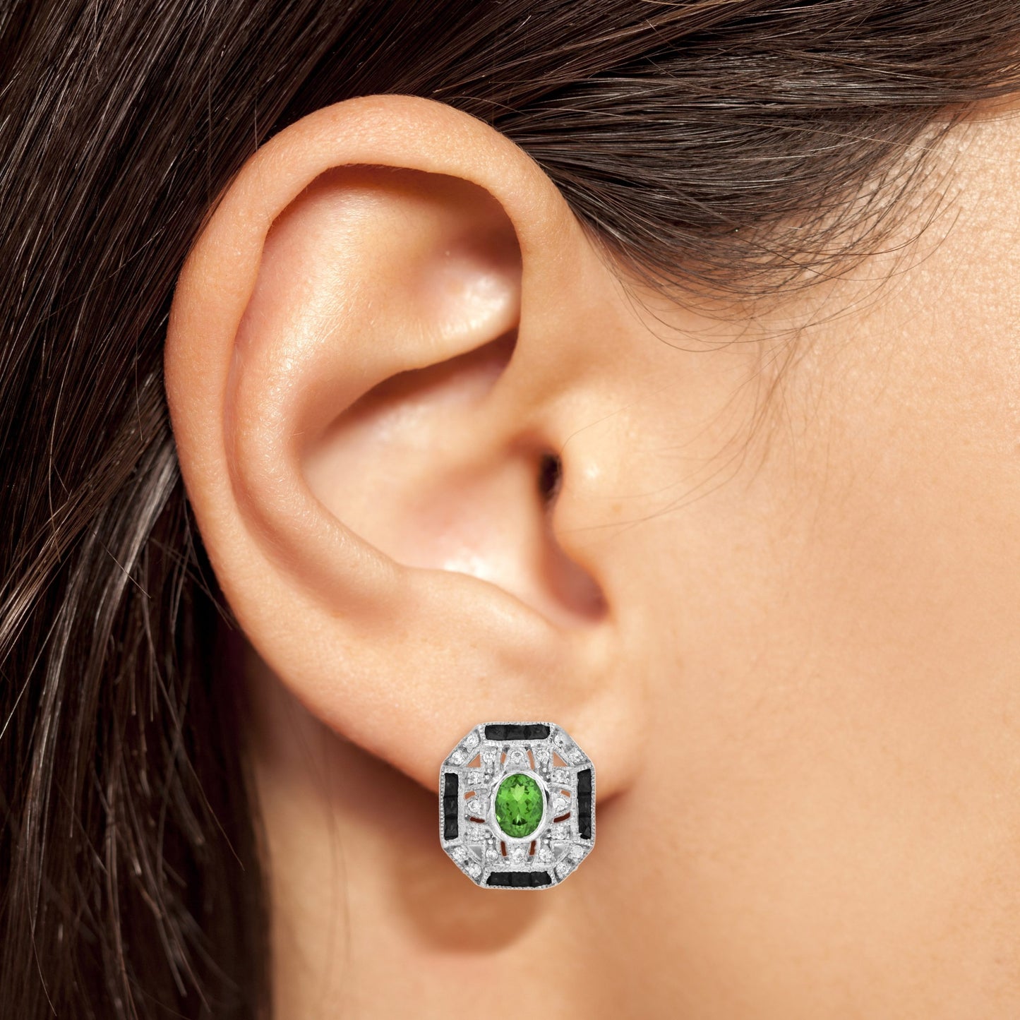 green tsavorite & black onyx diamond art deco style omega white gold earrings