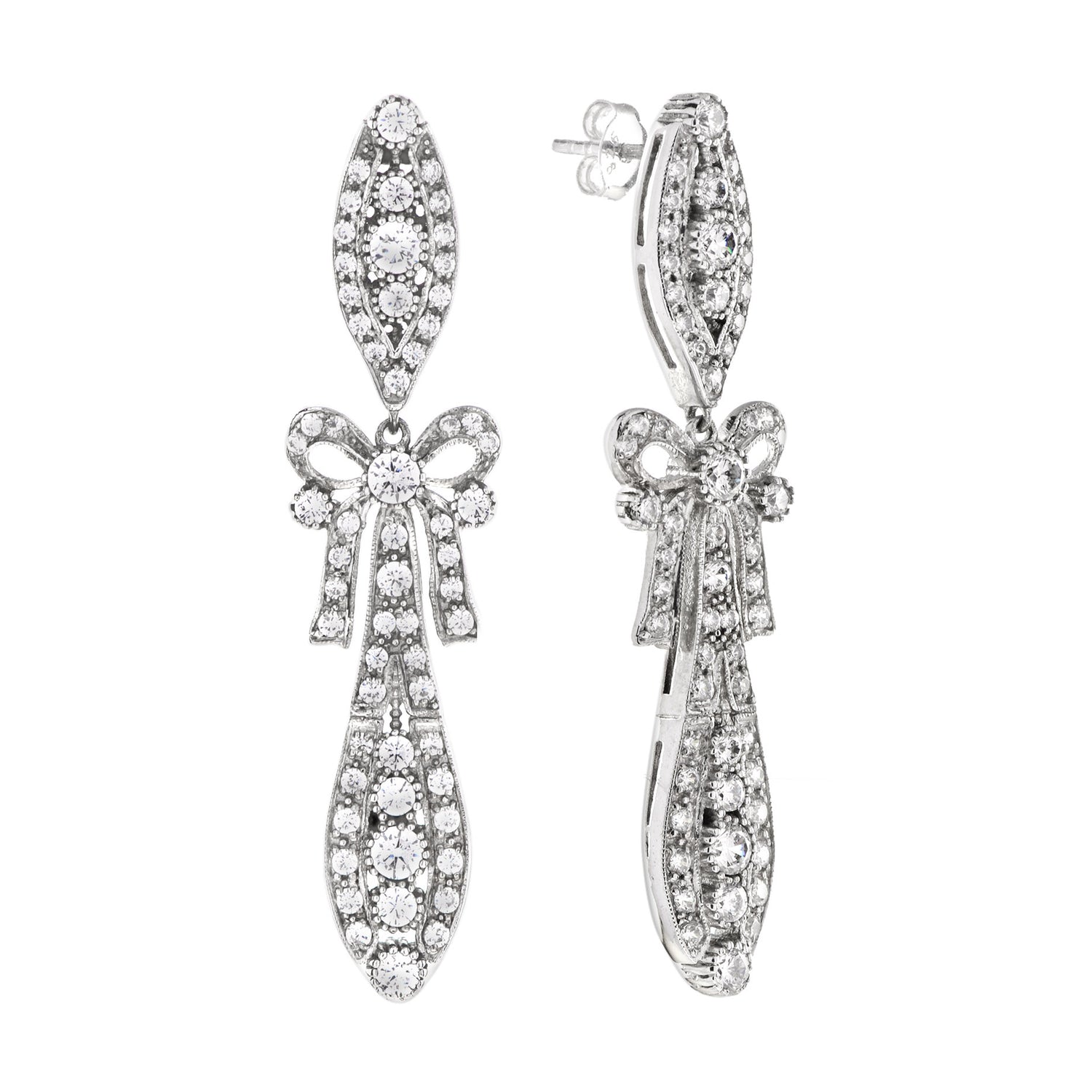 Round Diamond Art Deco Style Ribbon Bow Drop 18K White Gold Dangle Earrings