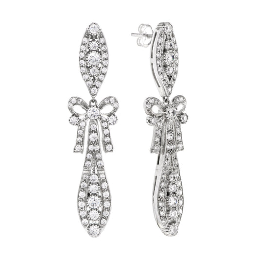 Round Diamond Art Deco Style Ribbon Bow Drop 18K White Gold Dangle Earrings