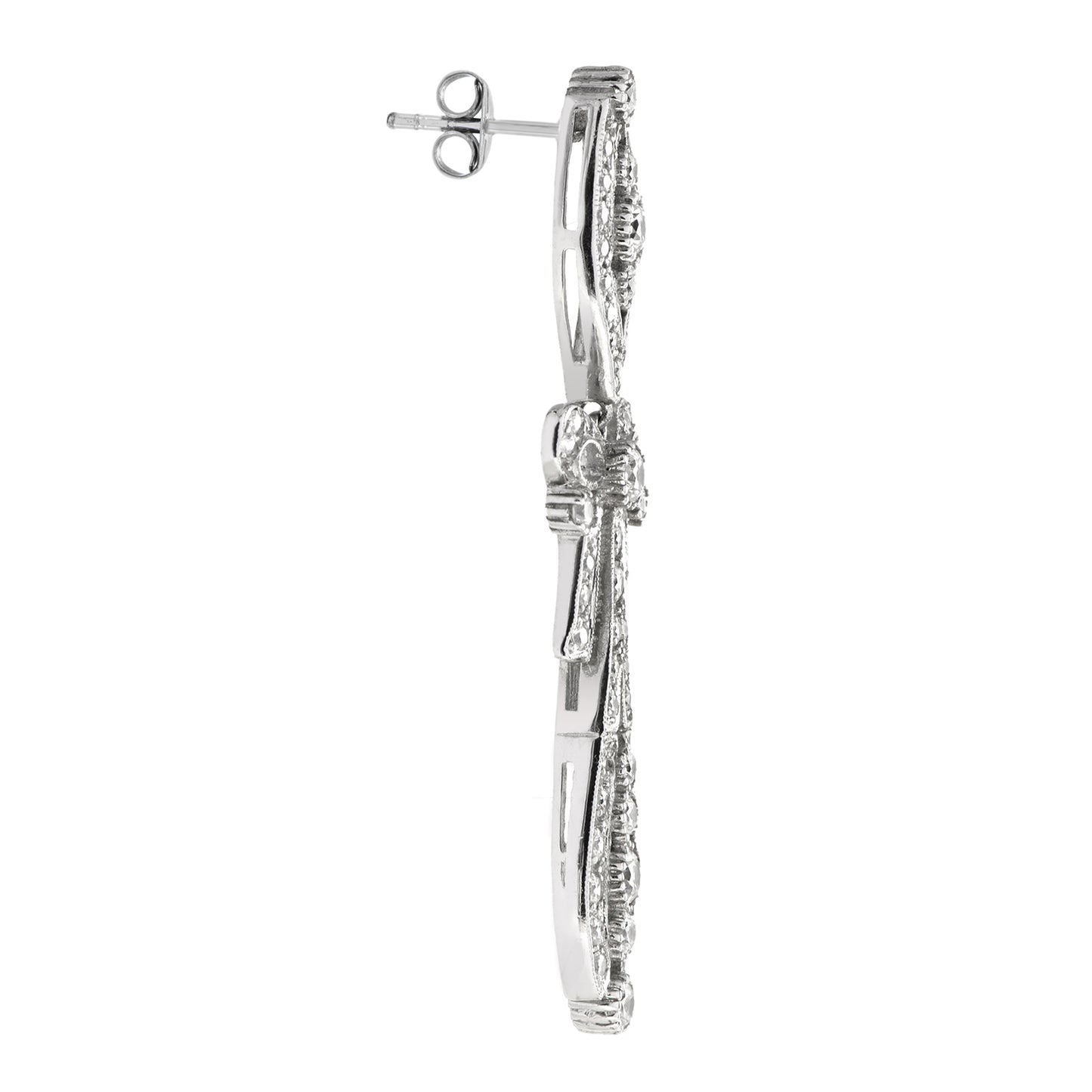 round diamond art deco style ribbon bow drop 18k white gold dangle earrings