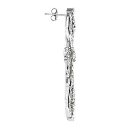 Round Diamond Art Deco Style Ribbon Bow Drop 18K White Gold Dangle Earrings