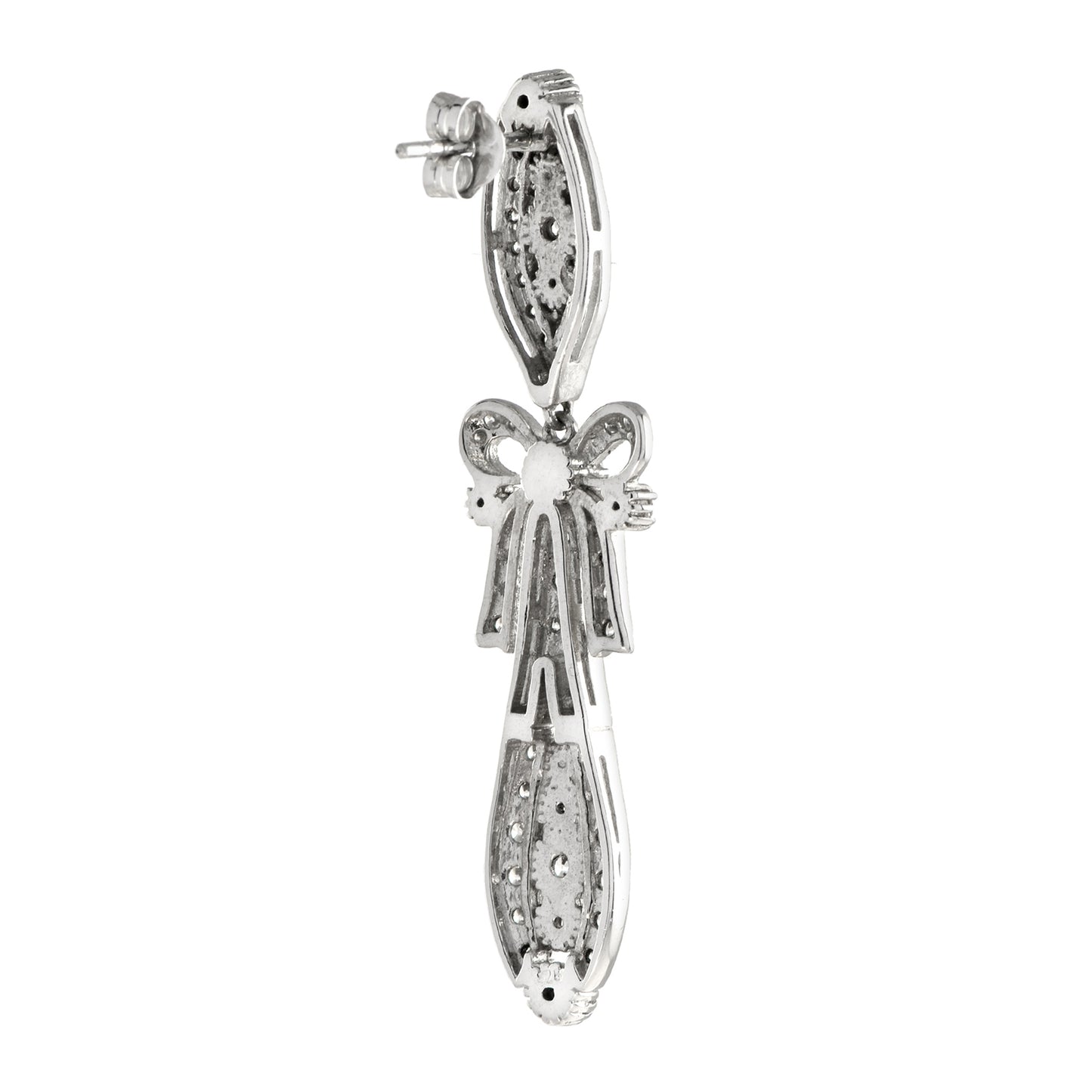 round diamond art deco style ribbon bow drop 18k white gold dangle earrings