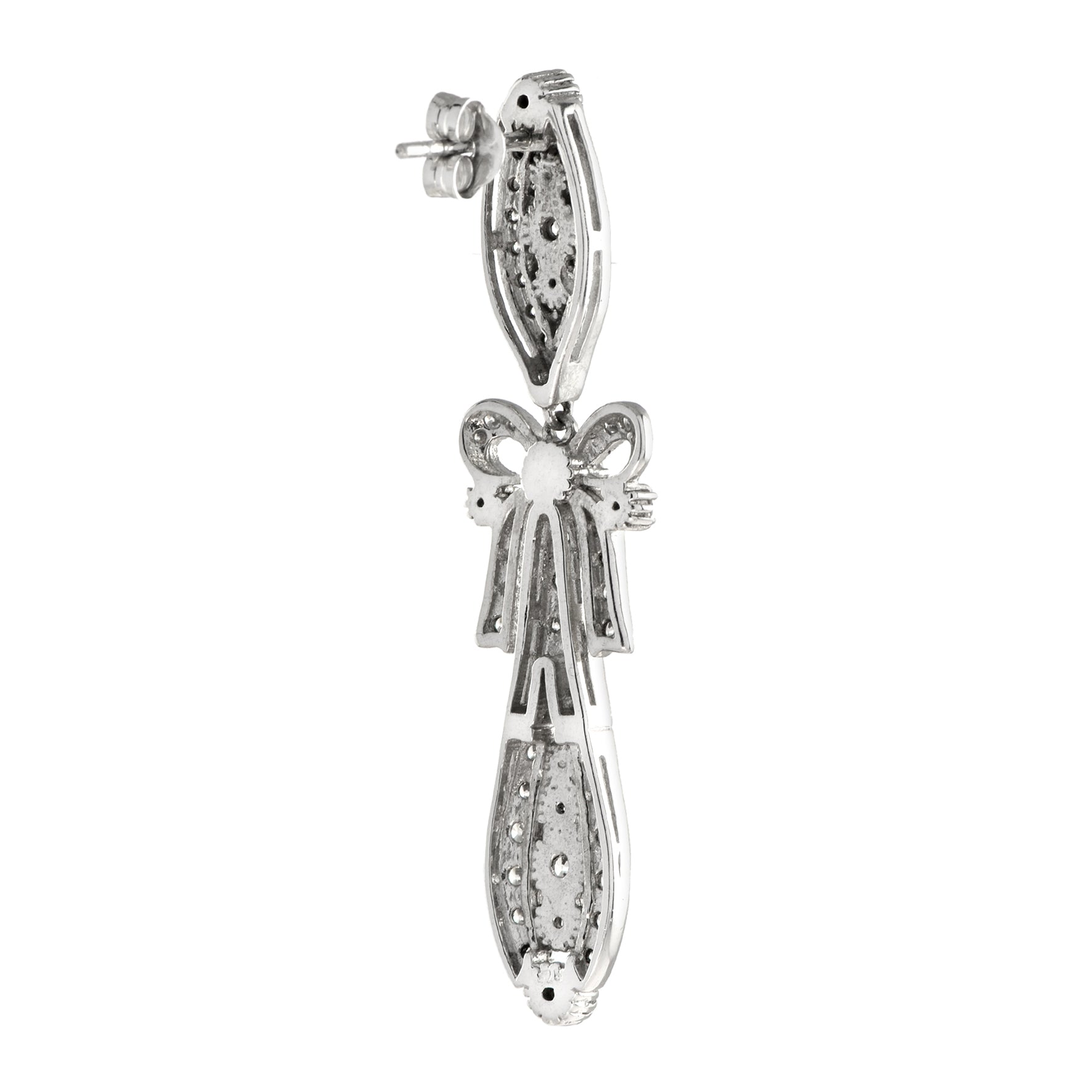Round Diamond Art Deco Style Ribbon Bow Drop 18K White Gold Dangle Earrings