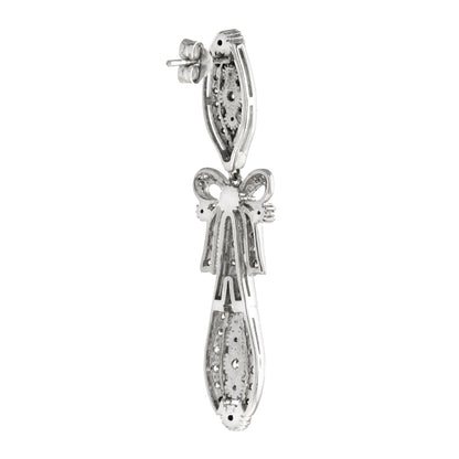 Round Diamond Art Deco Style Ribbon Bow Drop 18K White Gold Dangle Earrings