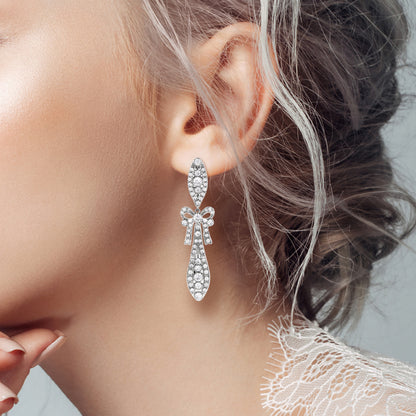 Round Diamond Art Deco Style Ribbon Bow Drop 18K White Gold Dangle Earrings