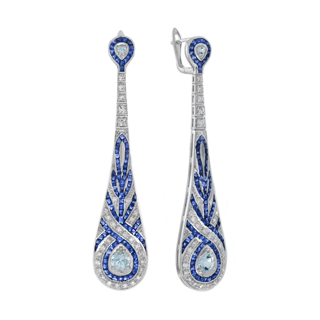 Blue Aquamarine Sapphire Diamond Swirl Art Deco Style Dangle White Gold Earrings