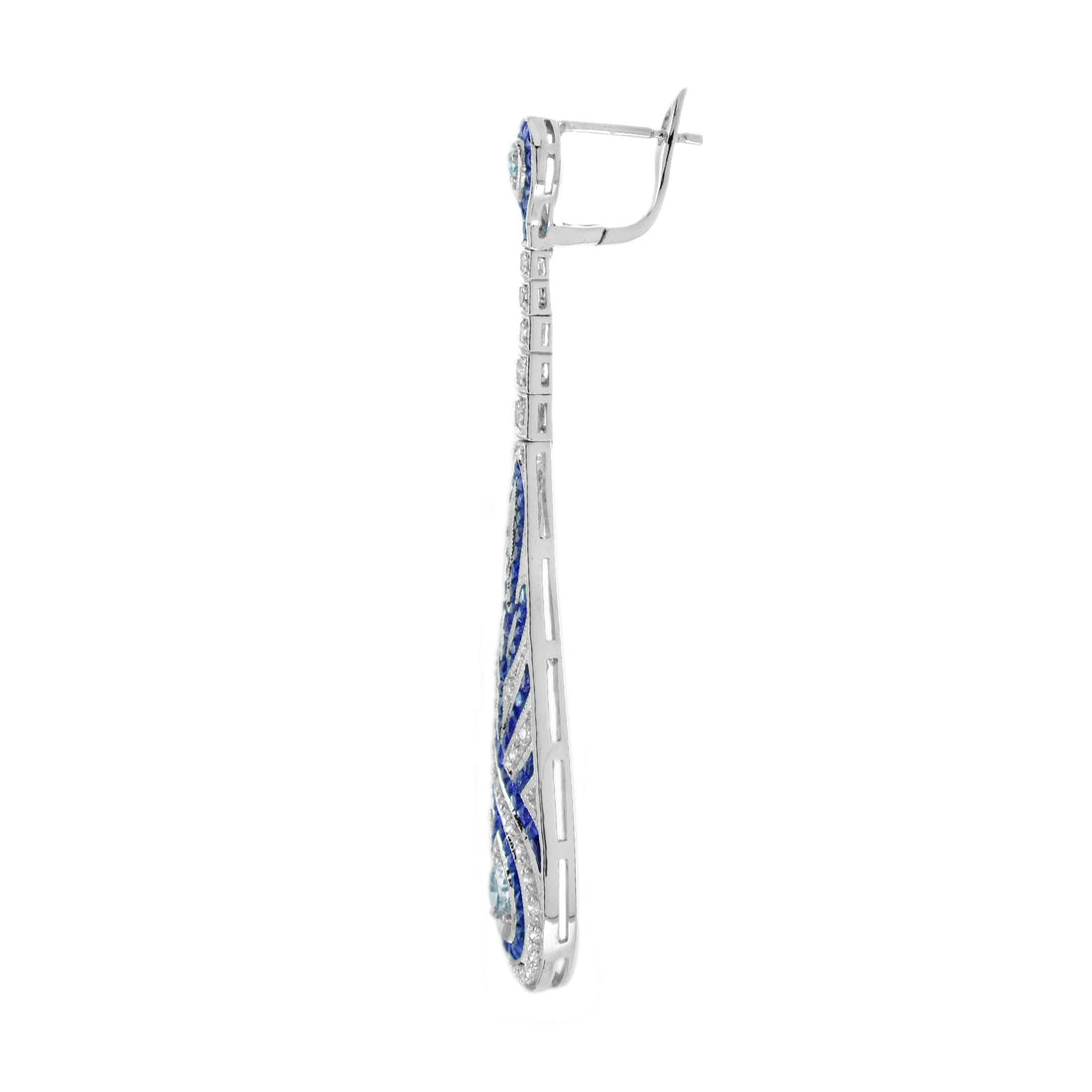 Blue Aquamarine Sapphire Diamond Swirl Art Deco Style Dangle White Gold Earrings