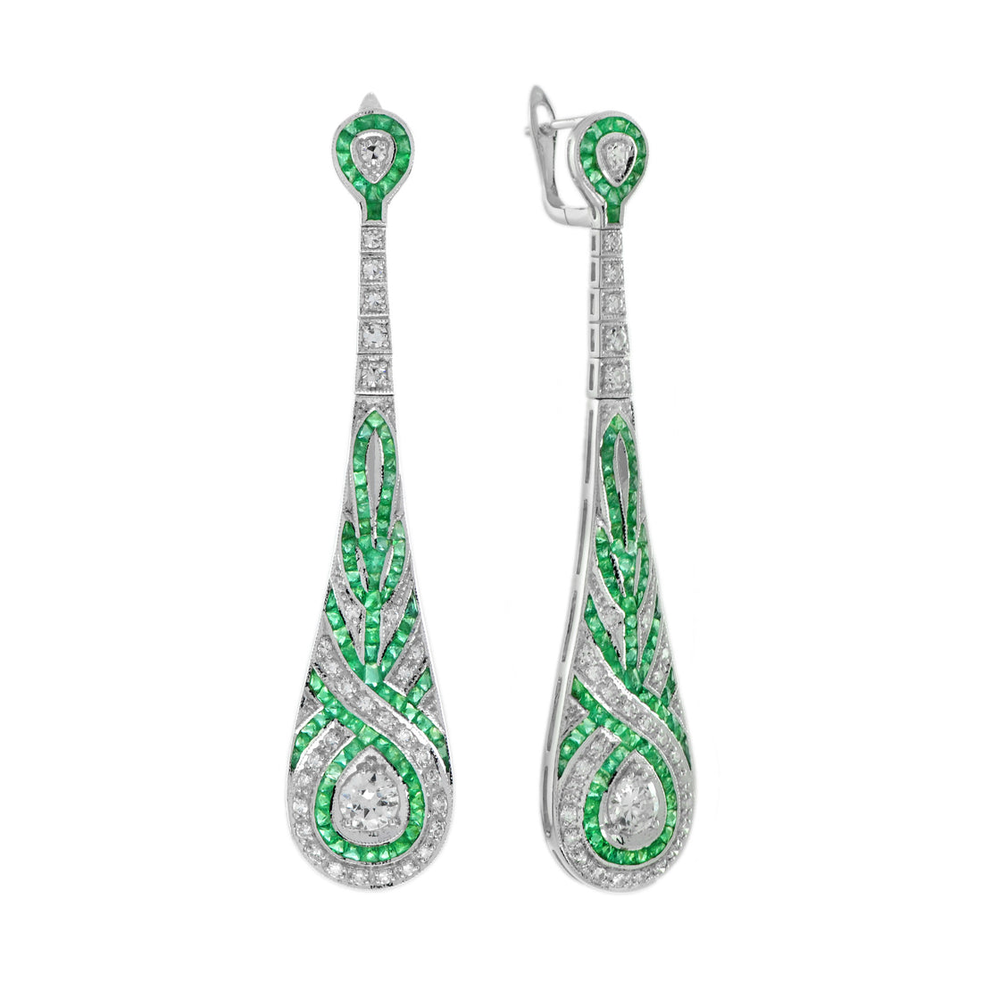 Diamond &amp; Green Emerald Swirl Art Deco Style Dangle Drop 14K White Gold Earrings
