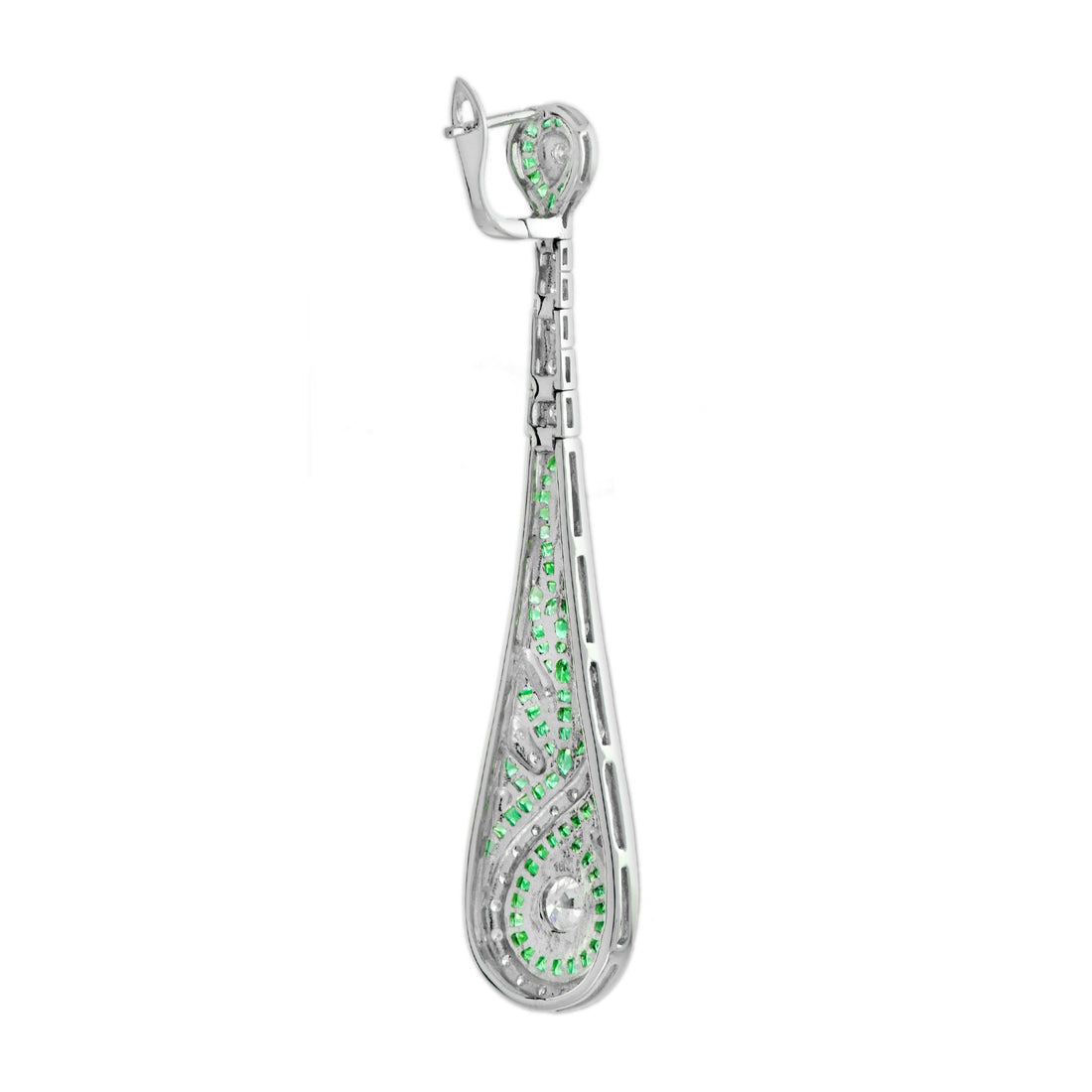 Diamond &amp; Green Emerald Swirl Art Deco Style Dangle Drop 14K White Gold Earrings