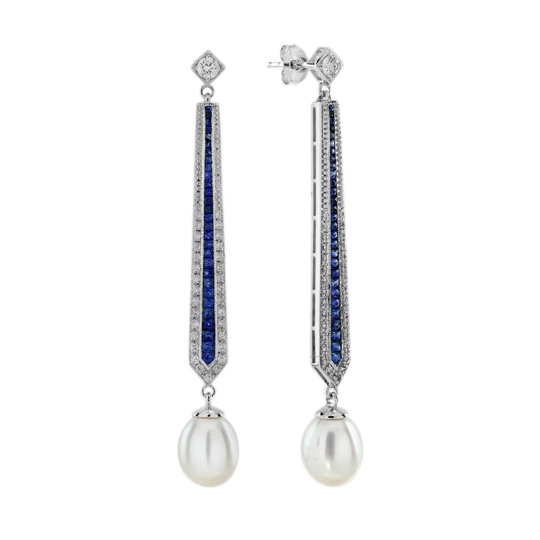 Pearl & Diamond Blue Sapphire Vintage Style Drop White Gold Earrings