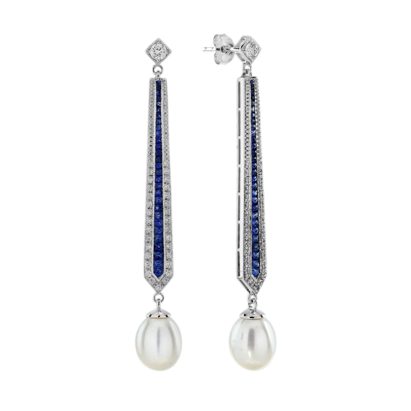 pearl & diamond blue sapphire vintage style drop white gold earrings