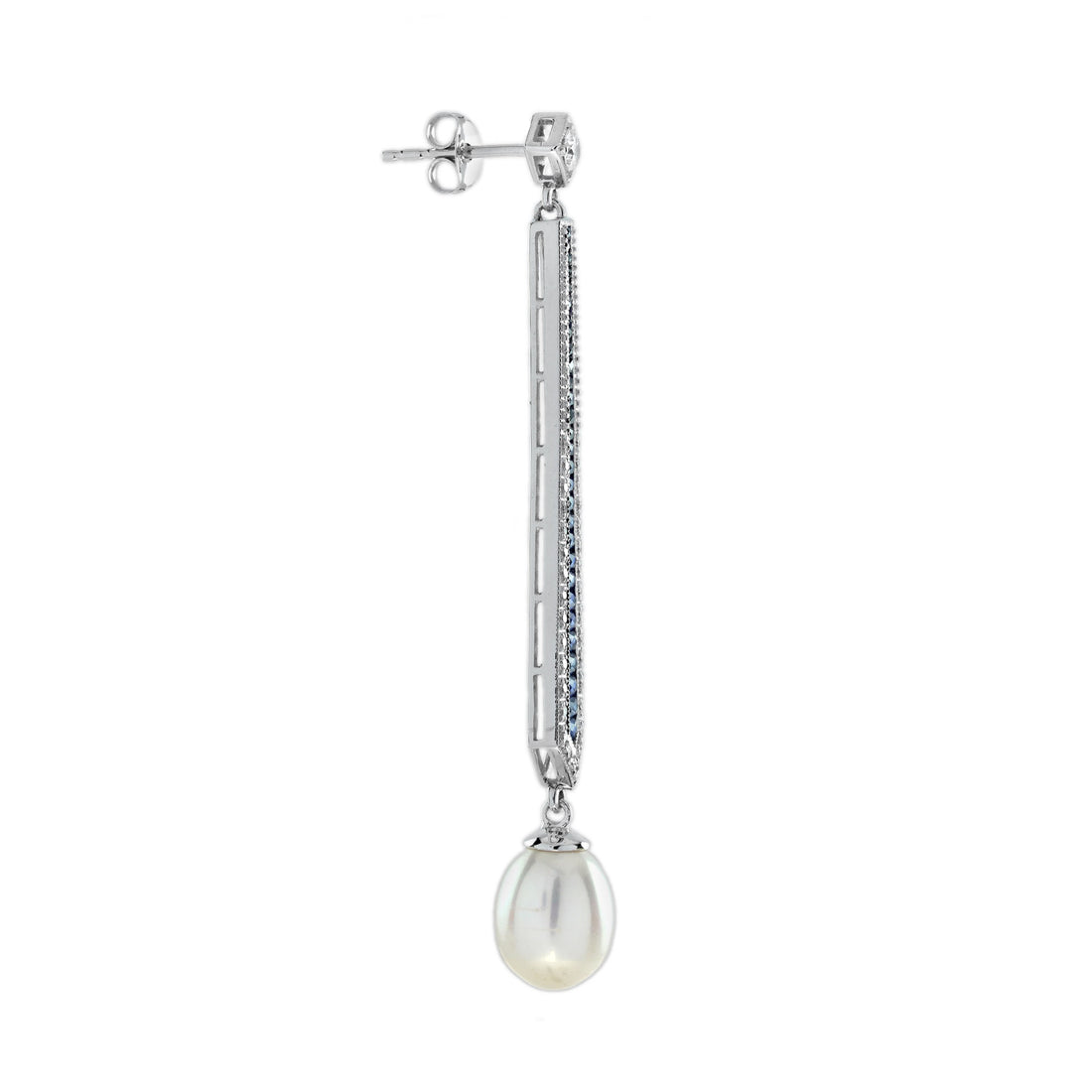 Pearl &amp; Diamond Blue Sapphire Vintage Style Drop White Gold Earrings