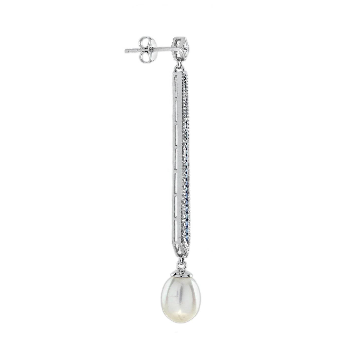 pearl & diamond blue sapphire vintage style drop white gold earrings