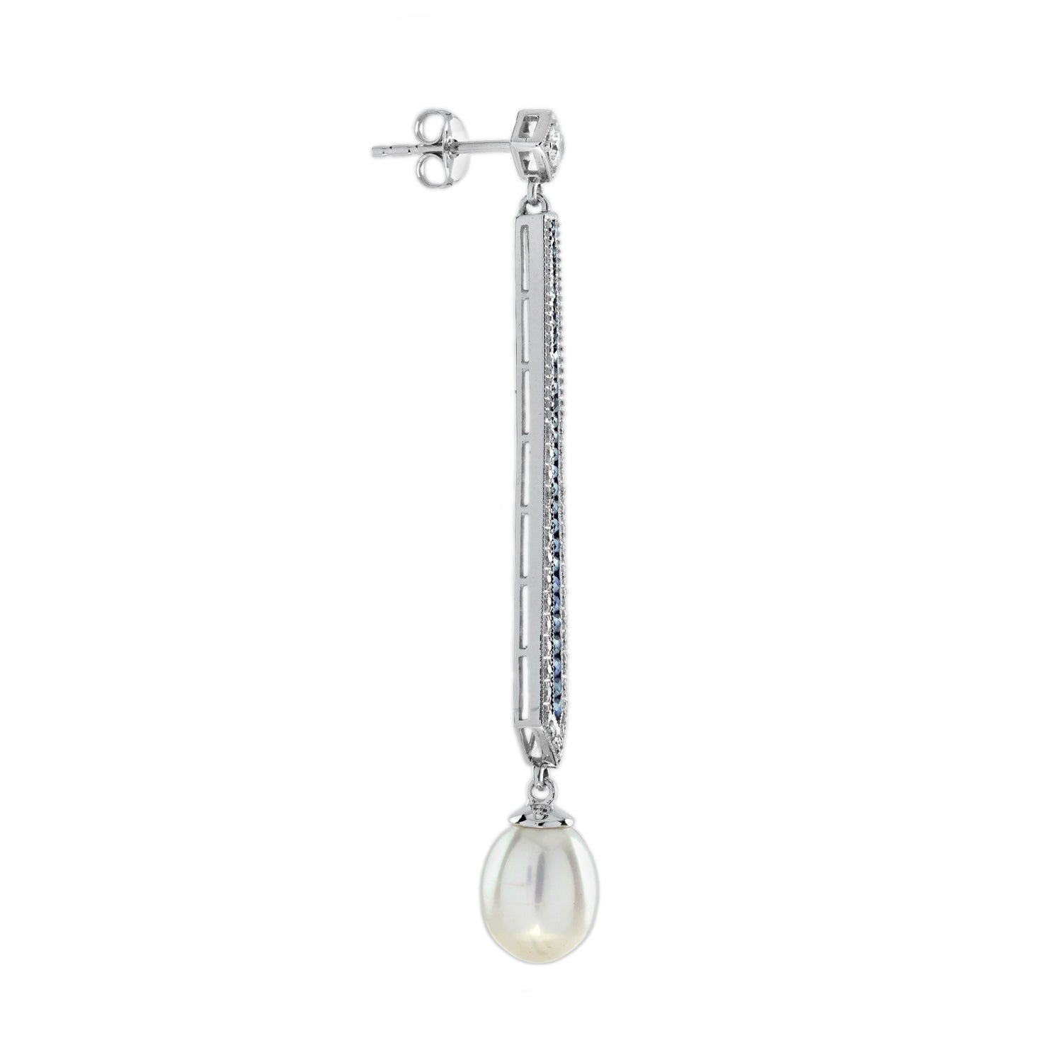 Pearl &amp; Diamond Blue Sapphire Vintage Style Drop White Gold Earrings