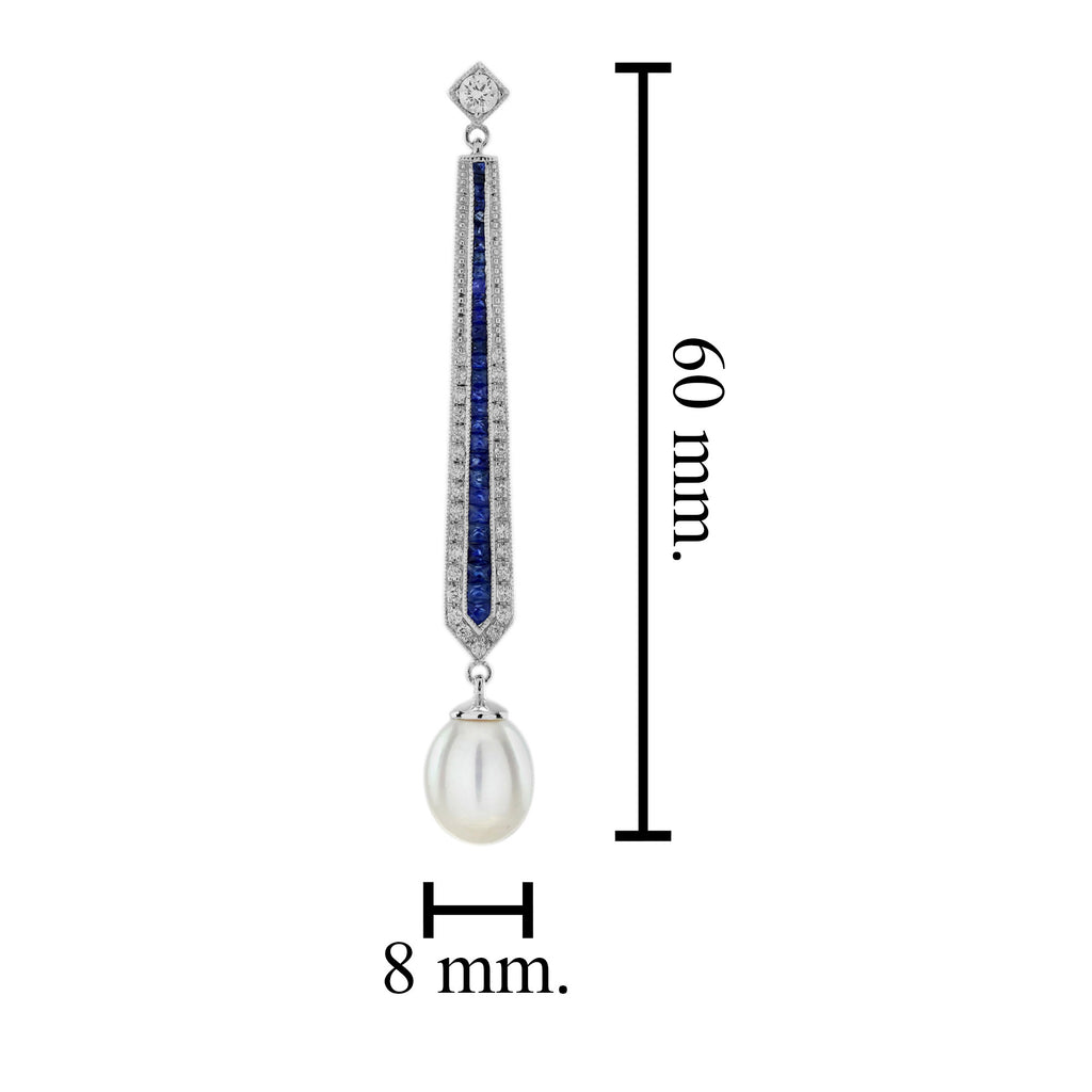 Pearl & Diamond Blue Sapphire Vintage Style Drop White Gold Earrings