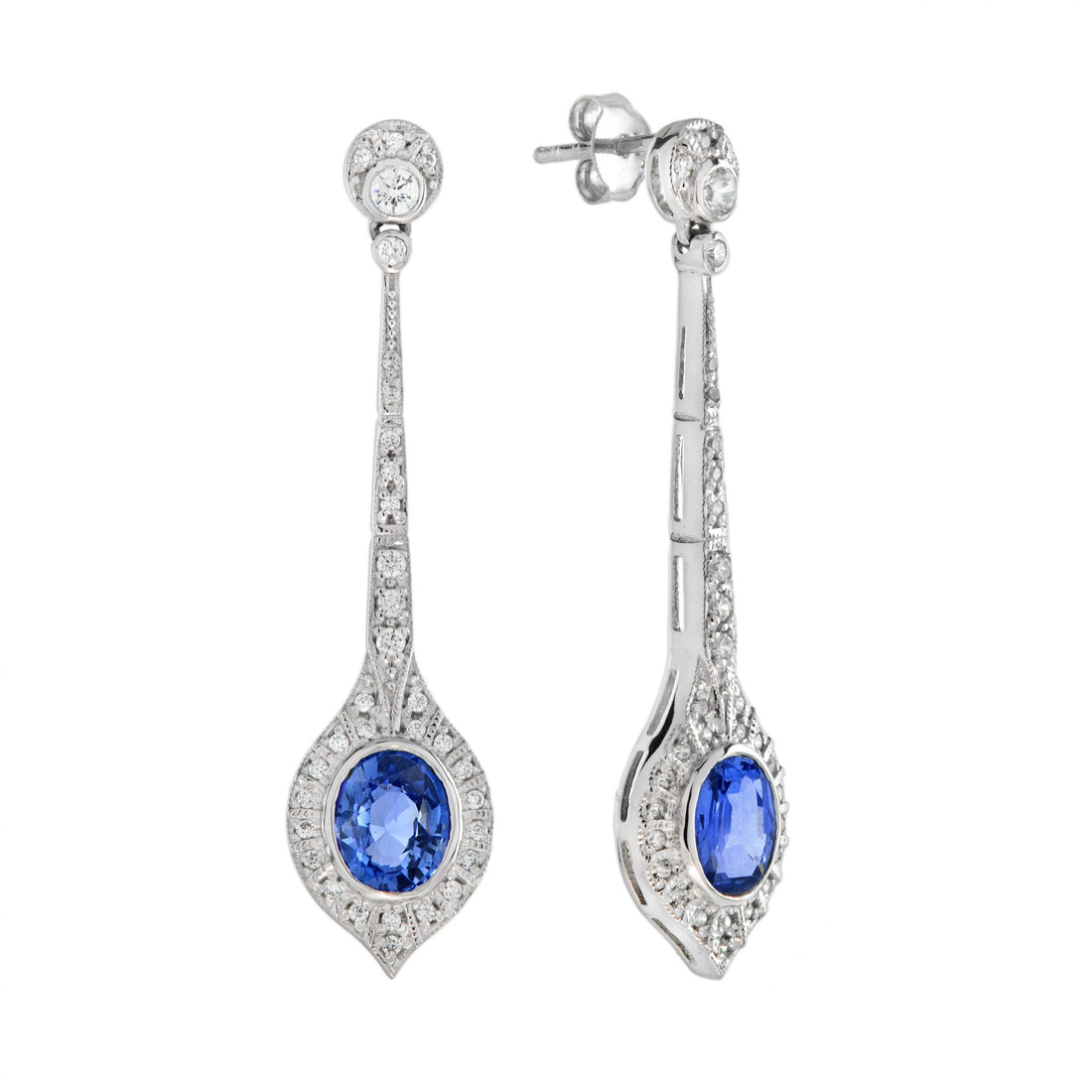 Cushion Shaped Ceylon Sapphire & Diamond Art Deco Style Drop White Gold Earrings