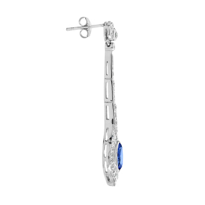 Cushion Shaped Ceylon Sapphire & Diamond Art Deco Style Drop White Gold Earrings