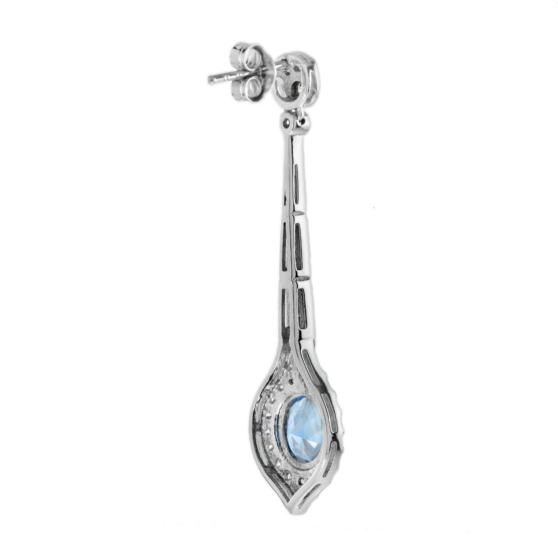 Cushion Shaped Ceylon Sapphire & Diamond Art Deco Style Drop White Gold Earrings