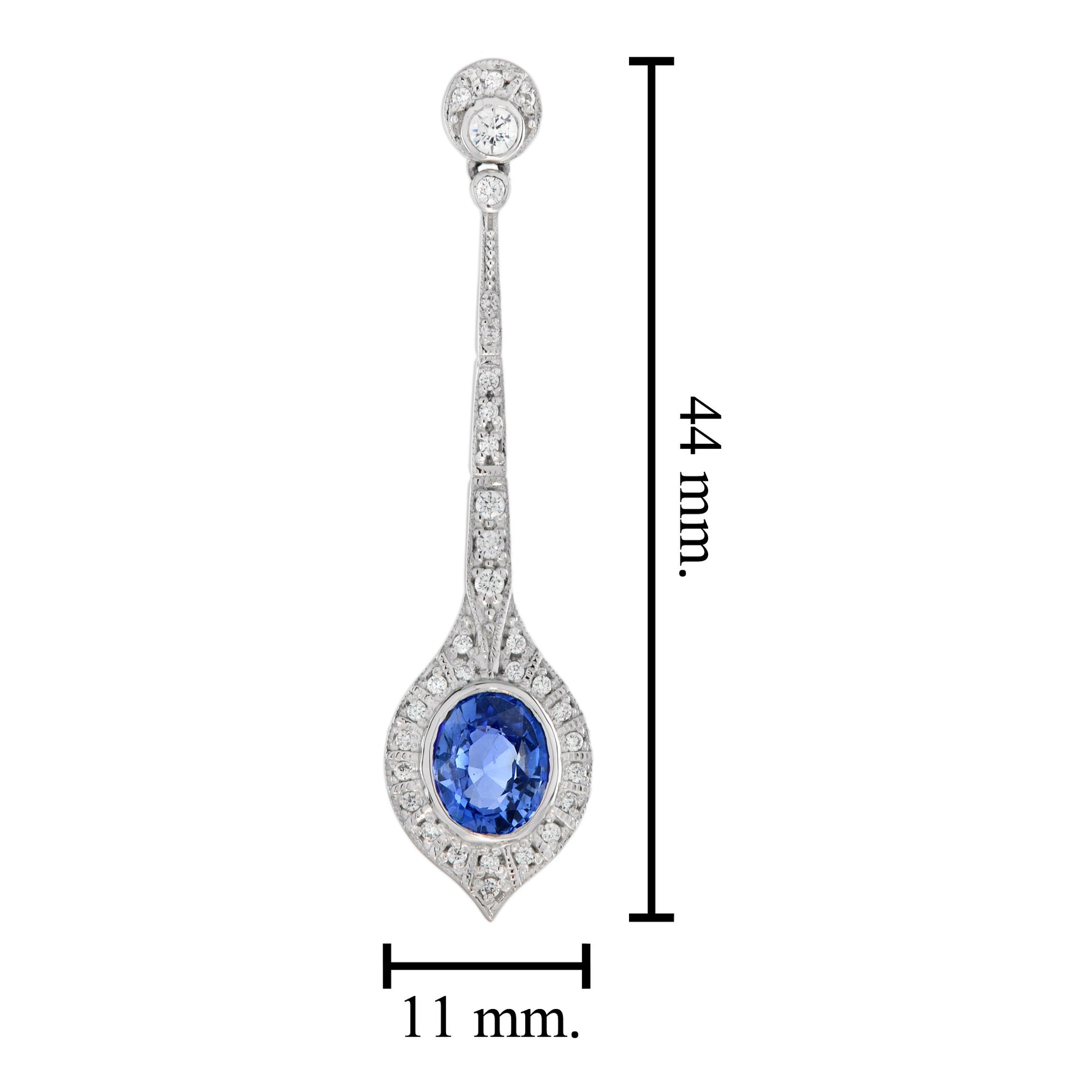 Cushion Shaped Ceylon Sapphire & Diamond Art Deco Style Drop White Gold Earrings