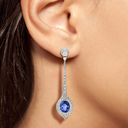Cushion Shaped Ceylon Sapphire & Diamond Art Deco Style Drop White Gold Earrings