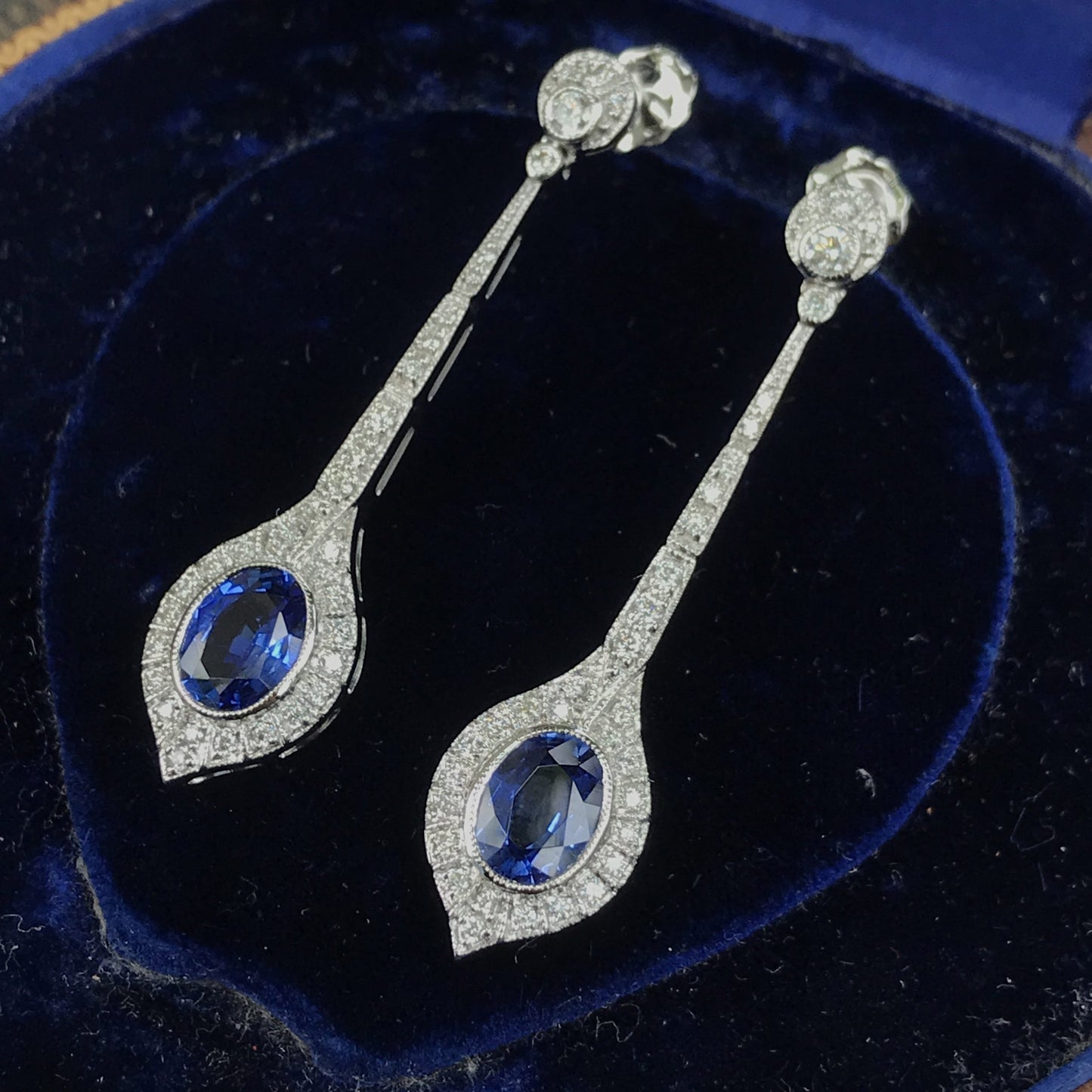 cushion shaped ceylon sapphire & diamond art deco style drop white gold earrings