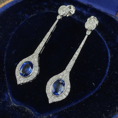 Cushion Shaped Ceylon Sapphire & Diamond Art Deco Style Drop White Gold Earrings