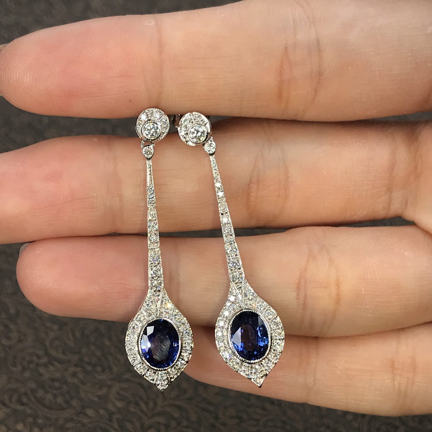 cushion shaped ceylon sapphire & diamond art deco style drop white gold earrings