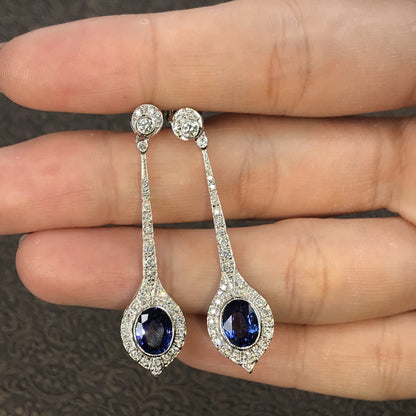 Cushion Shaped Ceylon Sapphire & Diamond Art Deco Style Drop White Gold Earrings