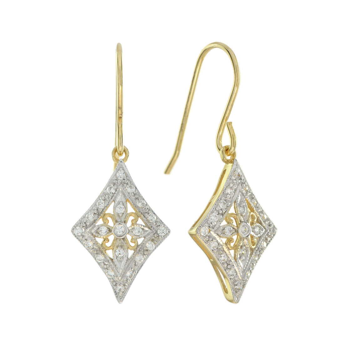 Vintage Style Diamond Floral Diamond Filigree 14K Yellow Gold Fleur Earrings