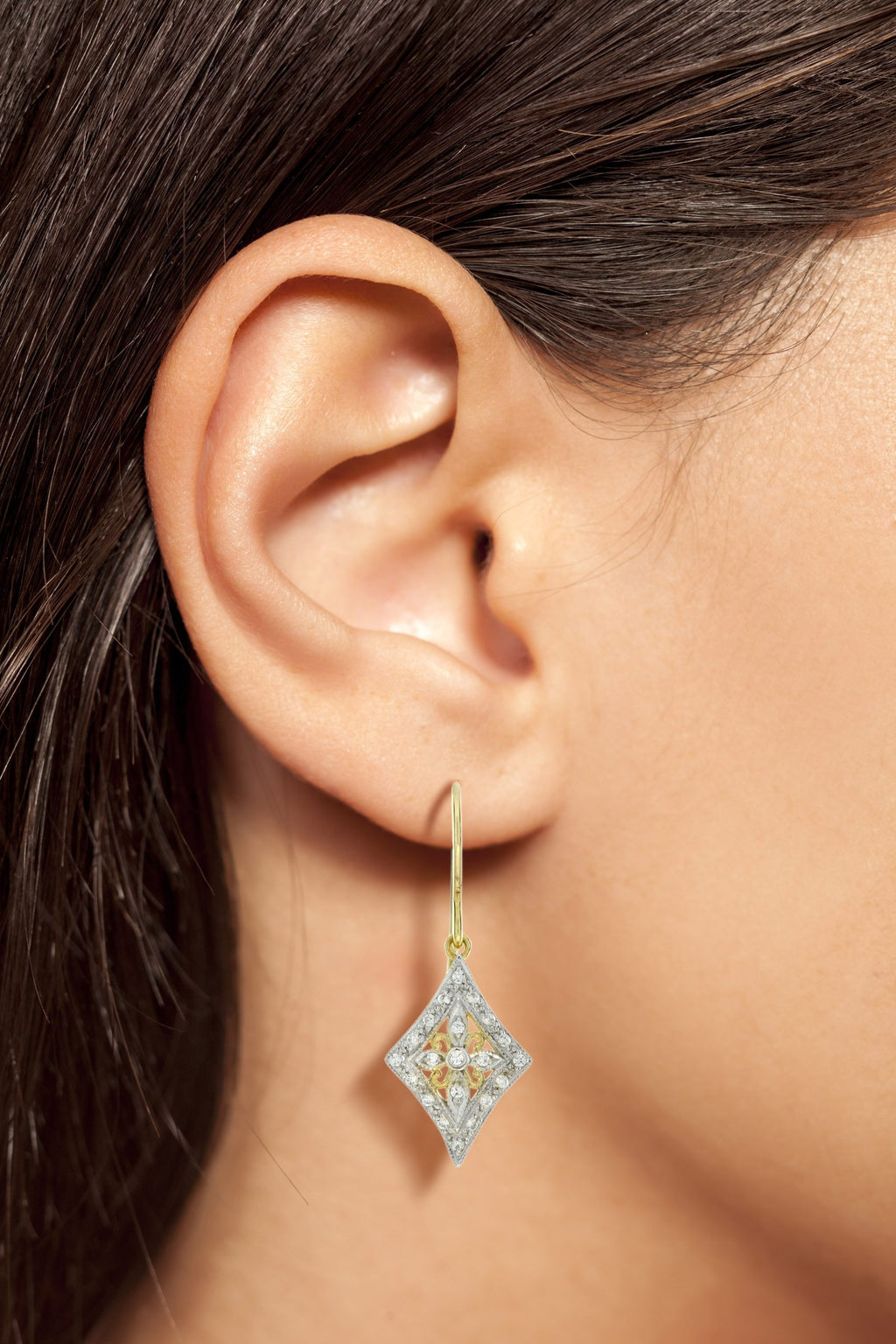 Vintage Style Diamond Floral Diamond Filigree 14K Yellow Gold Fleur Earrings