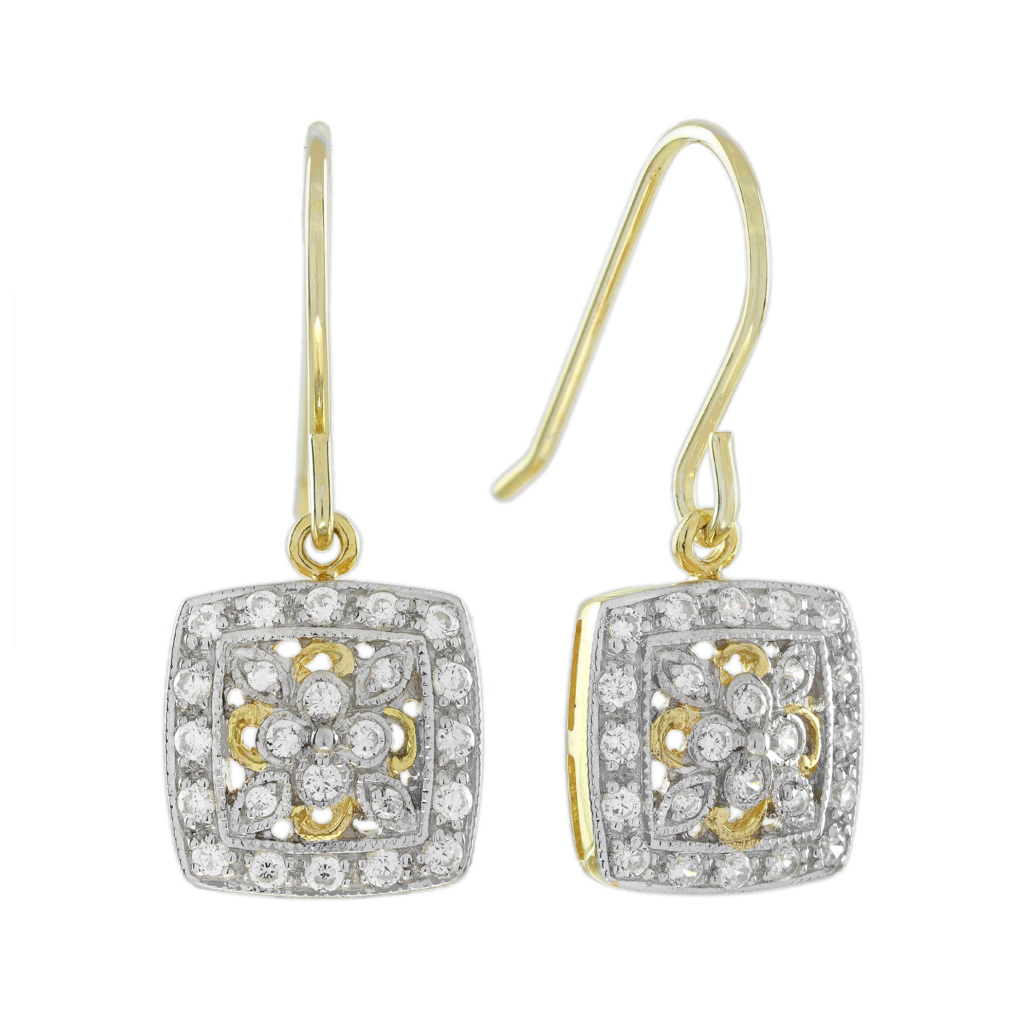 Diamond Vintage Style Floral Cluster Jewelry Set in Two Tone Gold
