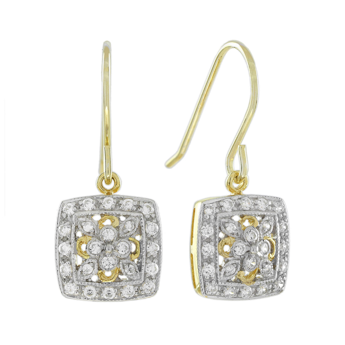 Diamond Vintage Style Floral Cluster Square Drop Two Tone 14K Gold Earrings
