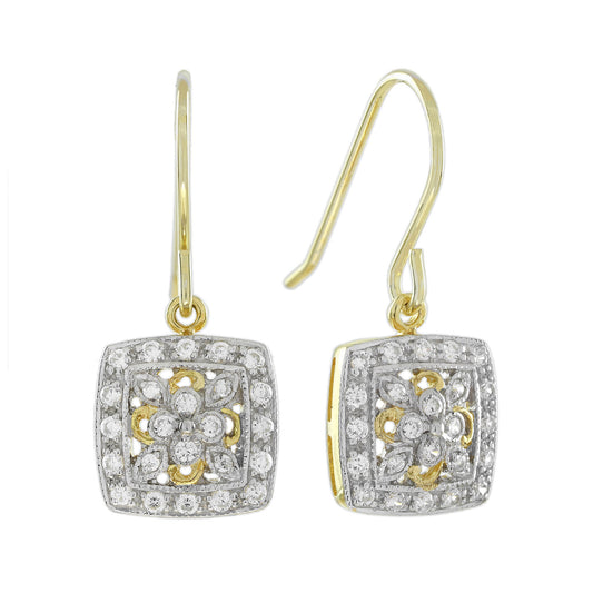 Diamond Vintage Style Floral Cluster Square Drop Two Tone 14K Gold Earrings