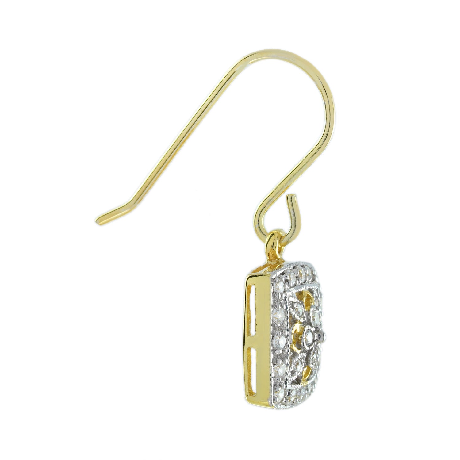 Diamond Vintage Style Floral Cluster Square Drop Two Tone 14K Gold Earrings