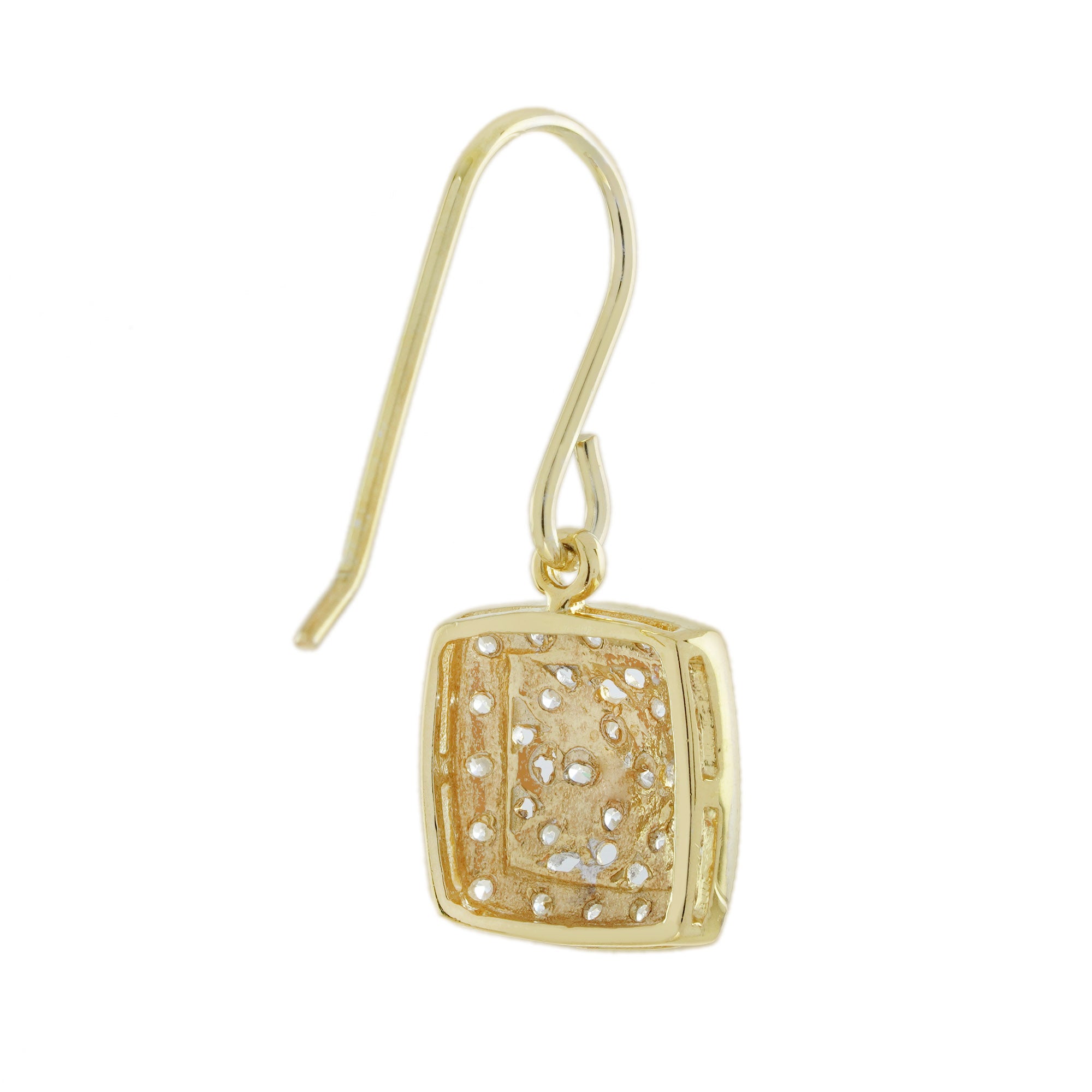 Diamond Vintage Style Floral Cluster Square Drop Two Tone 14K Gold Earrings