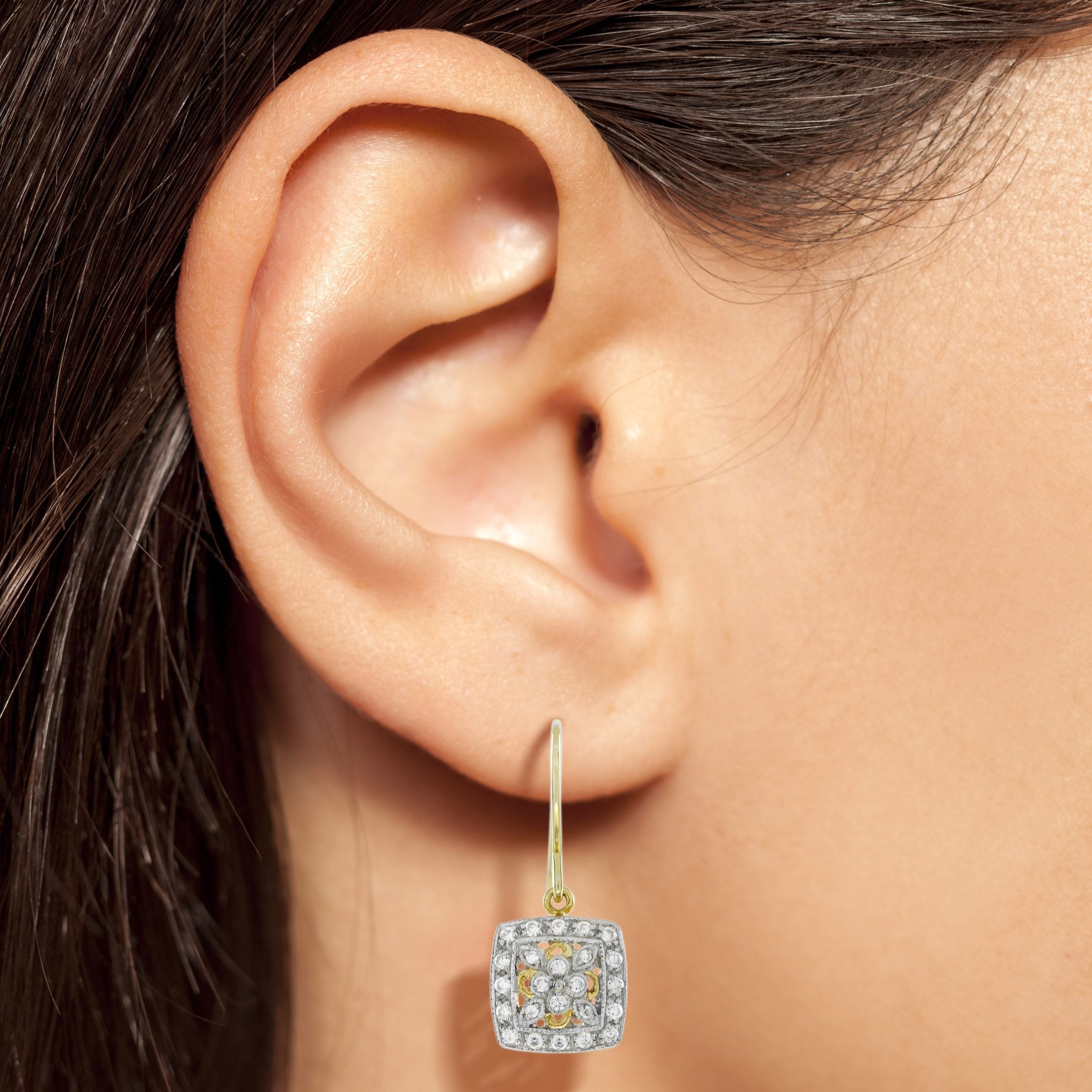 Diamond Vintage Style Floral Cluster Square Drop Two Tone 14K Gold Earrings