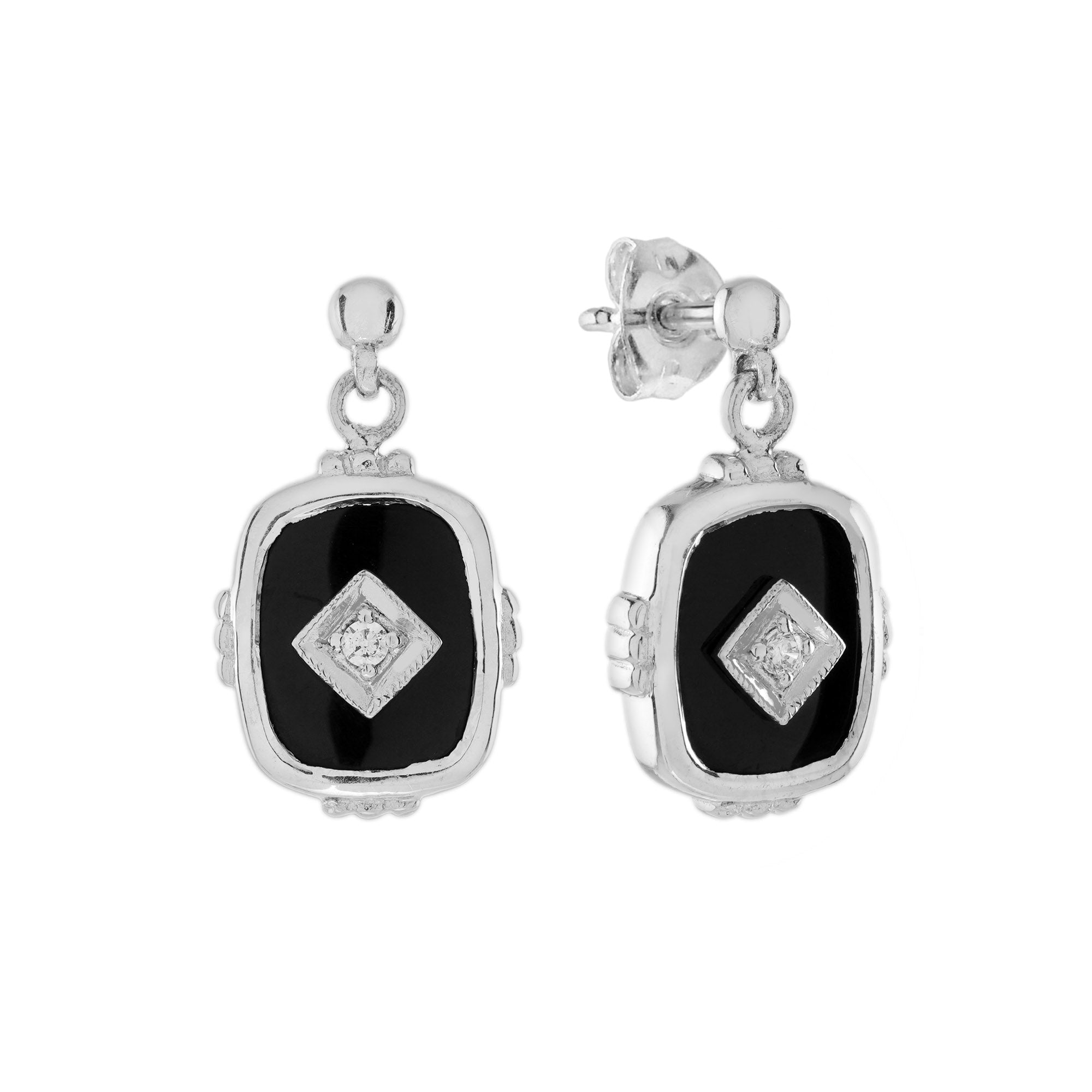 Diamond &amp; Onyx Art Deco Style Cushion Shape Drop Earrings