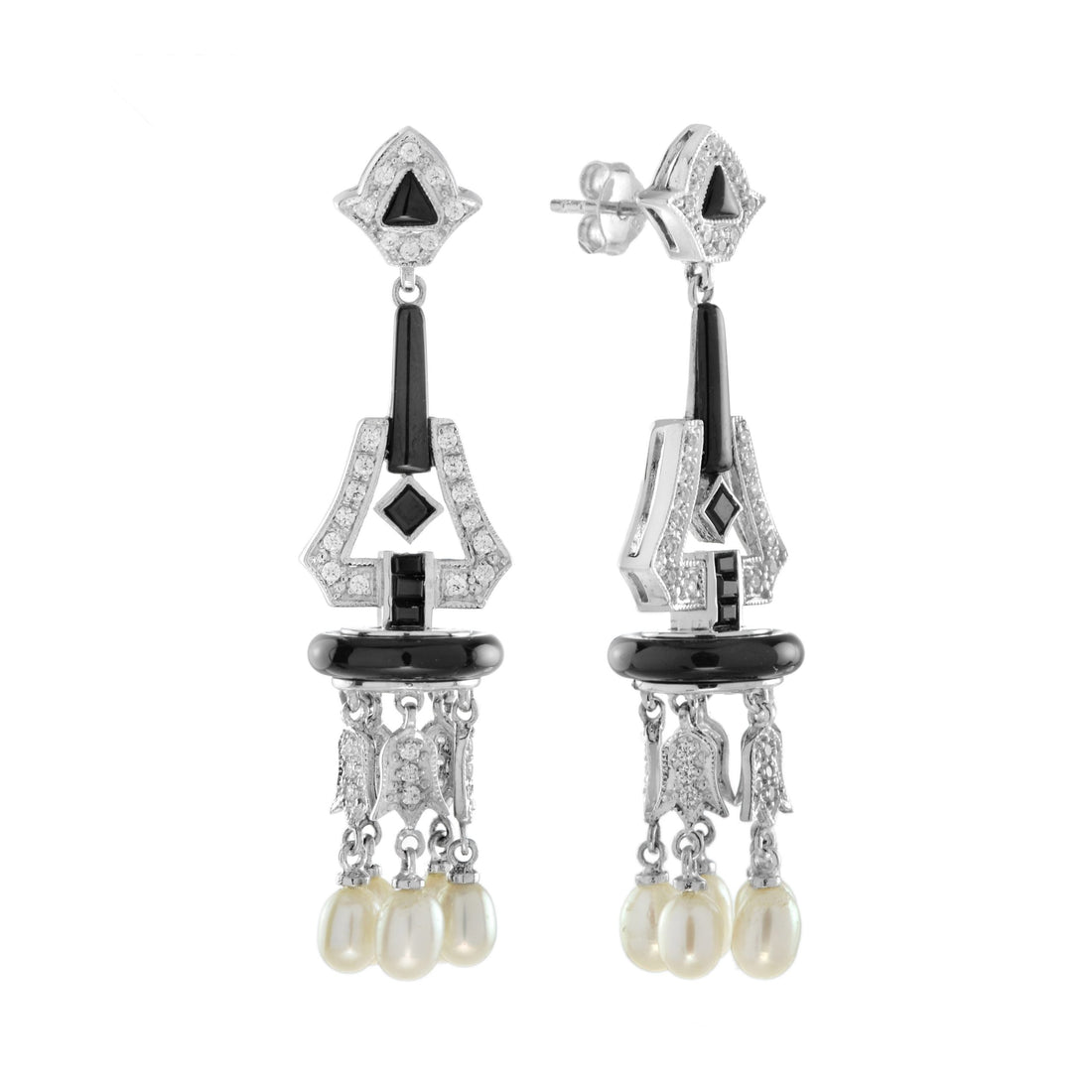 Black Onyx &amp; Diamond and Pearl Art Deco Style Chandelier White Gold Earrings