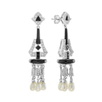 Black Onyx & Diamond and Pearl Art Deco Style Chandelier White Gold Earrings