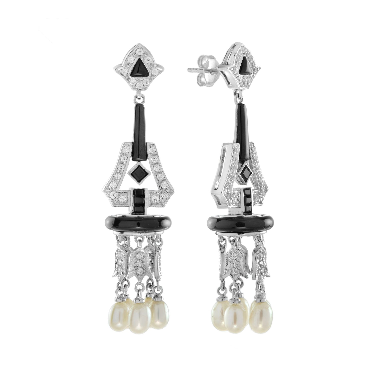 Black Onyx &amp; Diamond and Pearl Art Deco Style Chandelier White Gold Earrings