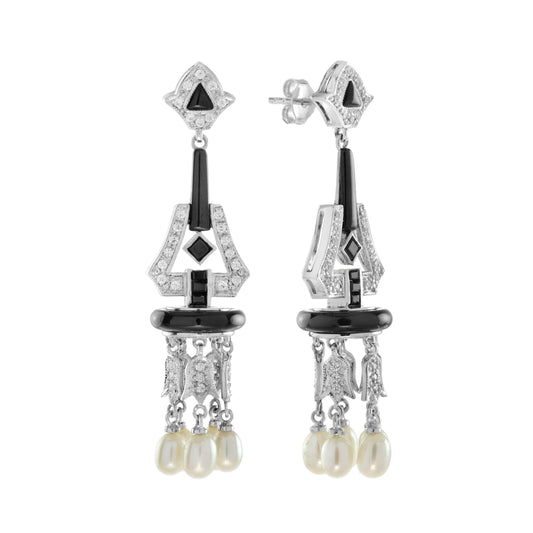 Black Onyx & Diamond and Pearl Art Deco Style Chandelier White Gold Earrings