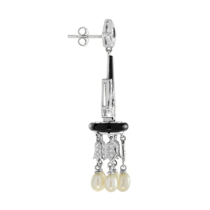Black Onyx &amp; Diamond and Pearl Art Deco Style Chandelier White Gold Earrings